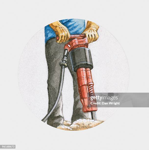 illustration of man using pneumatic drill - dan wright stock illustrations