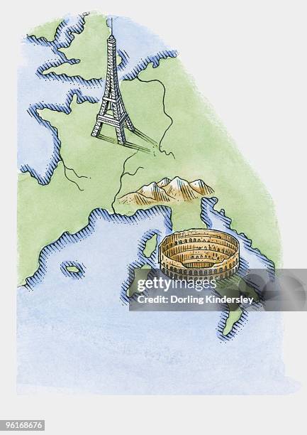 illustration of eiffel tower in paris and colosseum in rome on map of europe - paris watercolor stock illustrations