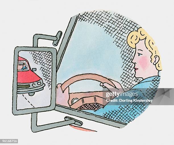 illustration of woman looking at car in wing mirror of lorry - tinta y pincel fotografías e imágenes de stock