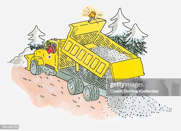 illustration of man covering icy road with salt from back of snowplough - tinta y pincel fotografías e imágenes de stock