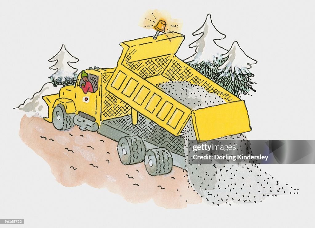Illustration of man salting road cleared by yellow snowplough