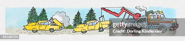 illustration of broken down car and tow truck towing car - tinta y pincel fotografías e imágenes de stock