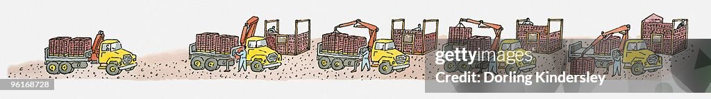 Sequence of illustrations of cargo containers on top of and being hoisted off heavy goods vehicles