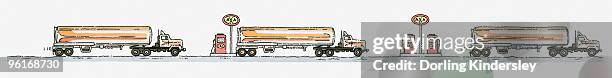 sequence of illustrations of fuel tanker at petrol station - tinte und pinsel stock-fotos und bilder
