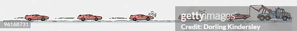 sequence of illustrations of car breaking down and towed away by truck - tinta y pincel fotografías e imágenes de stock