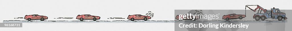 Sequence of illustrations of car breaking down and towed away by truck