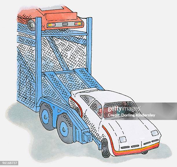 illustration of man driving car off car transporter - peinture à l’encre de chine photos et images de collection