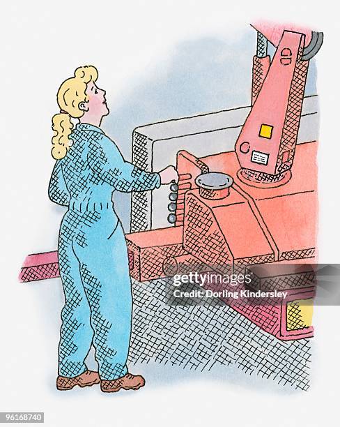 illustration of of young women operating unloading crane - tinta y pincel fotografías e imágenes de stock