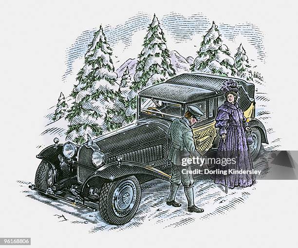 illustrations, cliparts, dessins animés et icônes de illustration of chauffeur and passenger next to rolls royce stranded on icy road - peinture à l’encre de chine