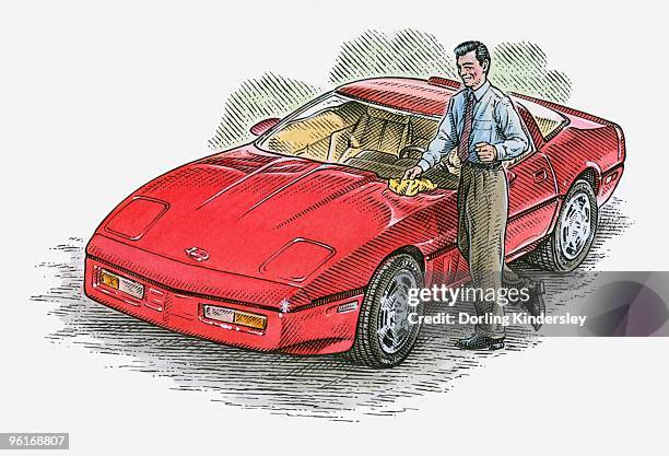 ilustraciones, imágenes clip art, dibujos animados e iconos de stock de illustration of man polishing red sports car - tinta y pincel