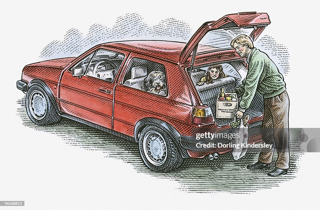Illustration of man putting groceries in hatchback car