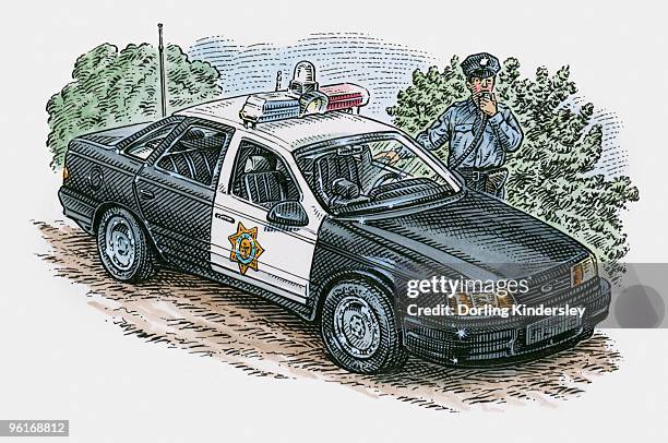 ilustraciones, imágenes clip art, dibujos animados e iconos de stock de illustration of police officer standing next to police car - tinta y pincel