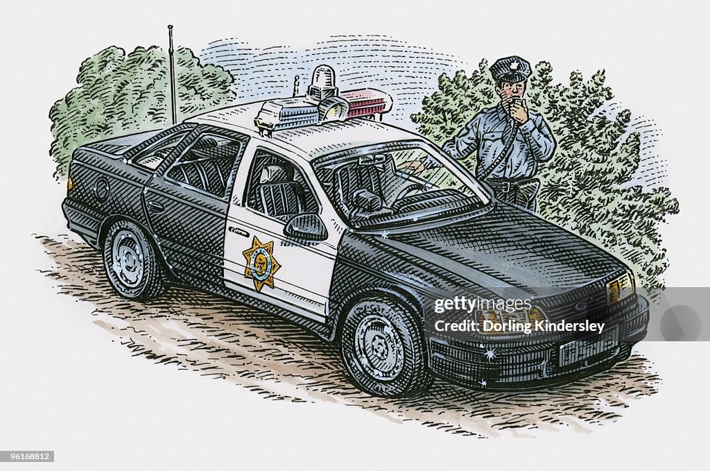 Illustration of police officer standing next to police car