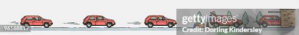ilustraciones, imágenes clip art, dibujos animados e iconos de stock de sequence of illustrations of car approaching garage, man unloading car, and car entering garage - tinta y pincel