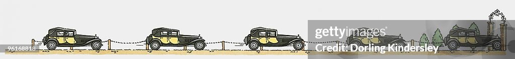 Sequence of illustrations showing Rolls Royce car travelling towards open gateway