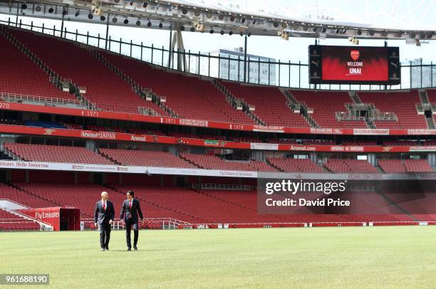 Arsenal Head Coach Unai Emery is shown around the Stadium by Arsenal CEO Ivan Gazidis at Emirates Stadium on May 23, 2018 in London, England.