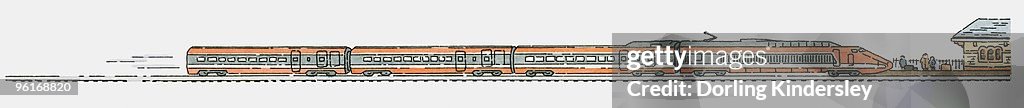 Illustration of high speed train approaching railway station