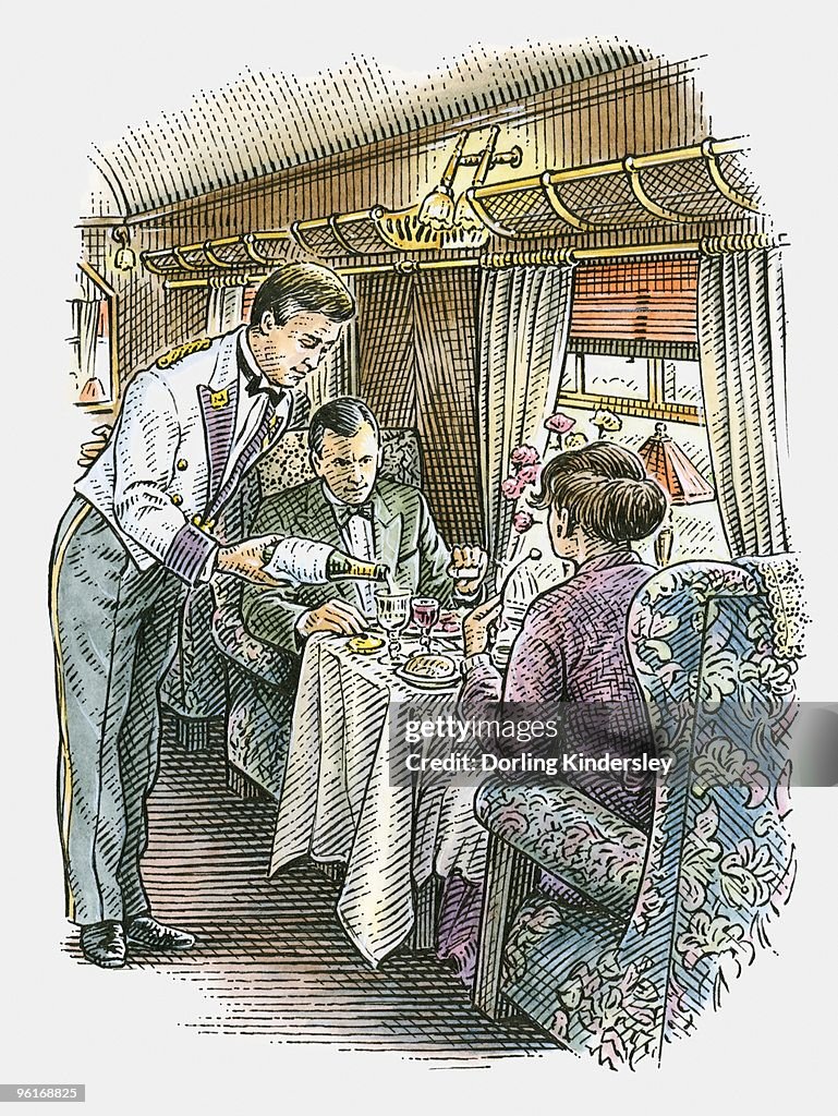 Illustration of waiter serving champagne to passengers in luxury train carriage