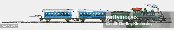 illustrations, cliparts, dessins animés et icônes de illustration of steam train pulling carriages and coal - peinture à l’encre de chine
