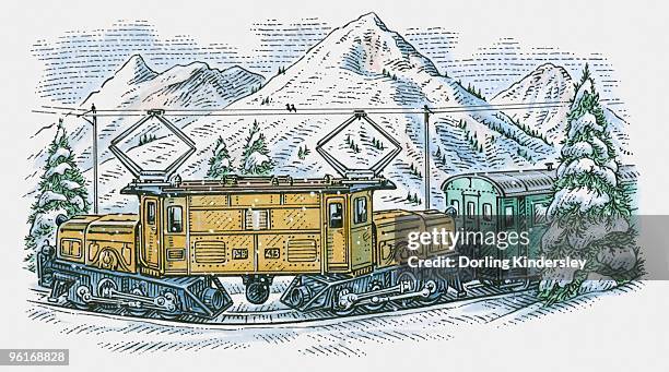 ilustraciones, imágenes clip art, dibujos animados e iconos de stock de illustration of electric train on curved railway track in mountains - tinta y pincel