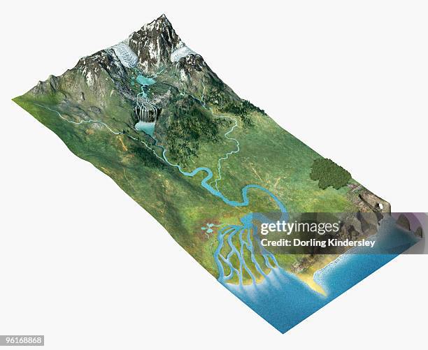 illustrations, cliparts, dessins animés et icônes de illustration of landscape with river emerging from glacier, flowing through a delta into the sea - glacier