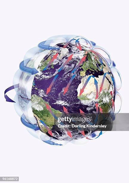 illustration of the earth with surrounding troposphere and atmospheric movements indicated by arrows - troposphere stock illustrations