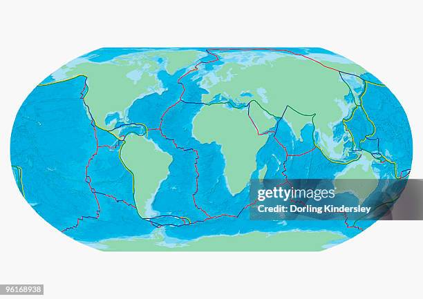 map of the word with lines marking boundaries of tectonic plates - plate tectonics stock-grafiken, -clipart, -cartoons und -symbole