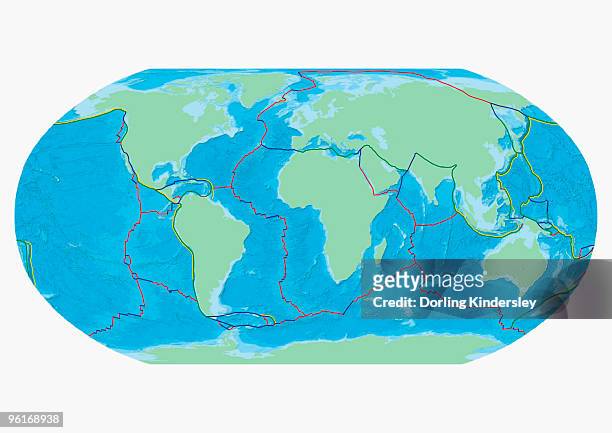 ilustraciones, imágenes clip art, dibujos animados e iconos de stock de map of the word with lines marking boundaries of tectonic plates - plate tectonics