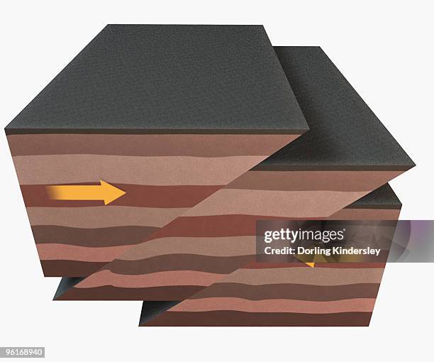 ilustraciones, imágenes clip art, dibujos animados e iconos de stock de illustration of thrust faulting, causing blocks of crust to stack up above one another - plate tectonics