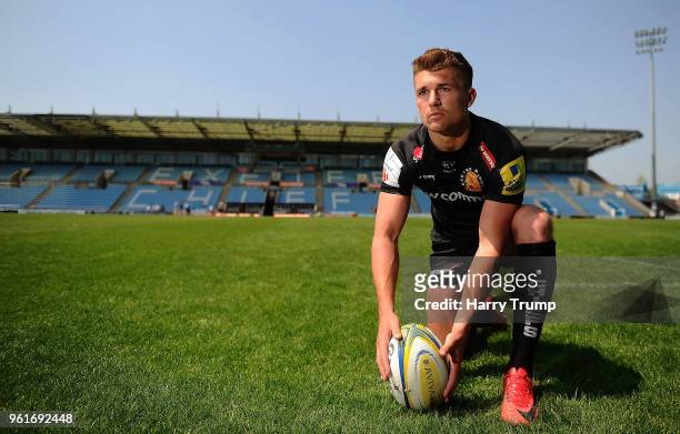 Henry Slade of Exeter Chiefs poses for a photo during an Exeter Chiefs Media Session at Sandy Park on May 23, 2018 in Exeter, England.