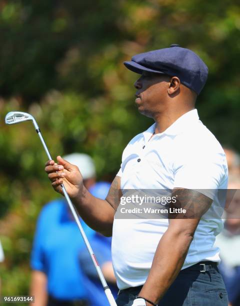 Ex-footballer Ian Wright looks on during the BMW PGA Championship Pro Am tournament at Wentworth on May 23, 2018 in Virginia Water, England.