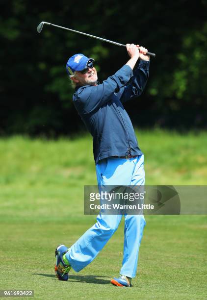 Broadcaster Chris Evans plays a shot during the BMW PGA Championship Pro Am tournament at Wentworth on May 23, 2018 in Virginia Water, England.