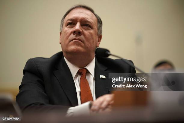 Secretary of State Mike Pompeo testifies during a hearing before the House Foreign Affairs Committee May 23, 2018 on Capitol Hill in Washington, DC....