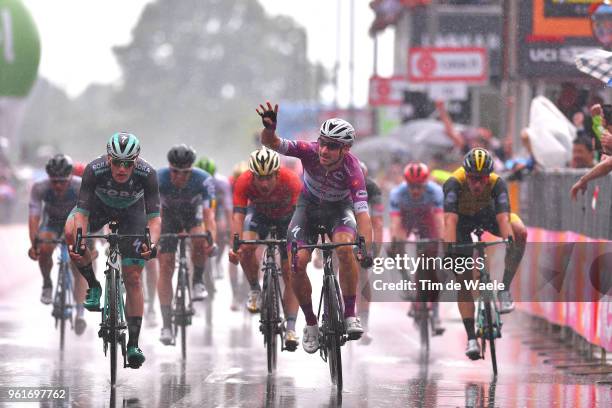 Arrival / Elia Viviani of Italy and Team Quick-Step Floors Purple Points Jersey / Celebration / Sam Bennett of Ireland and Team Bora-Hansgrohe /...