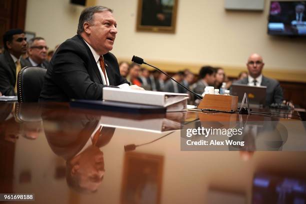 Secretary of State Mike Pompeo testifies during a hearing before the House Foreign Affairs Committee May 23, 2018 on Capitol Hill in Washington, DC....