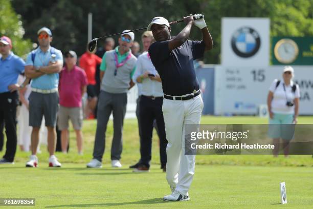 Brian Lara tees off during the Pro Am for the BMW PGA Championship at Wentworth on May 23, 2018 in Virginia Water, England.