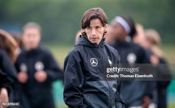 Coach Bettina Wiegmann of Germany reacts prior the Under 15 girl's international friendly match between Germany and the Czech Republic at Stadion am...