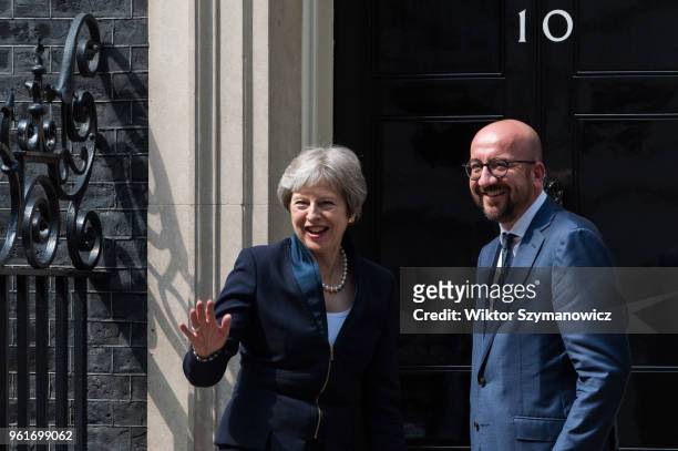 British Prime Minister Theresa May meets with Prime Minister of Belgium Charles Michel for bilateral talks at 10 Downing Street in central London....