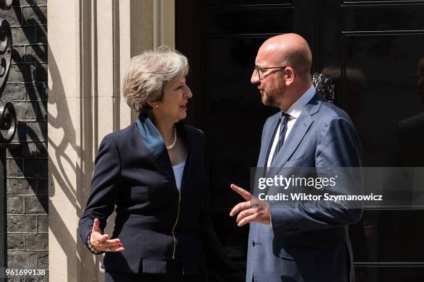 British Prime Minister Theresa May meets with Prime Minister of Belgium Charles Michel for bilateral talks at 10 Downing Street in central London....