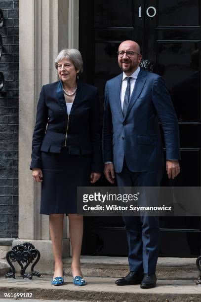 British Prime Minister Theresa May meets with Prime Minister of Belgium Charles Michel for bilateral talks at 10 Downing Street in central London....