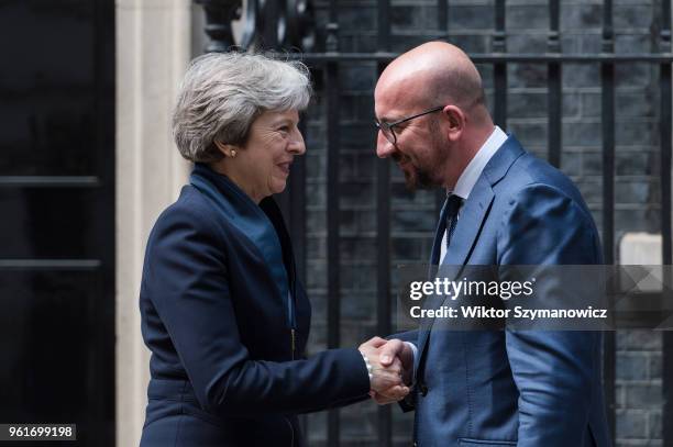 British Prime Minister Theresa May meets with Prime Minister of Belgium Charles Michel for bilateral talks at 10 Downing Street in central London....