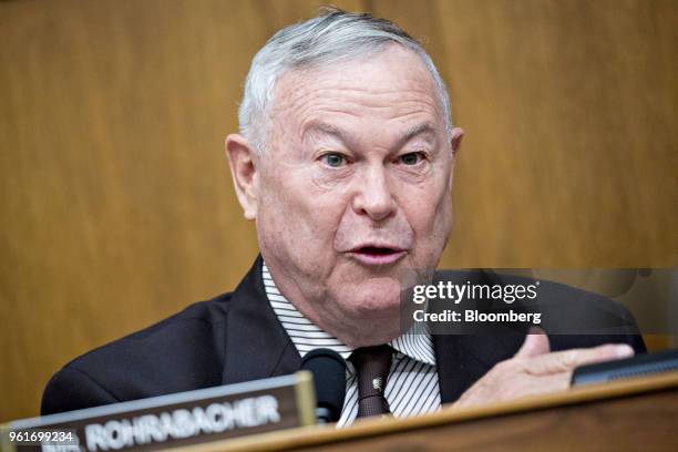 Representative Dana Rohrabacher, a Republican from California, questions Mike Pompeo, U.S. Secretary of state, not pictured, during a House Foreign...