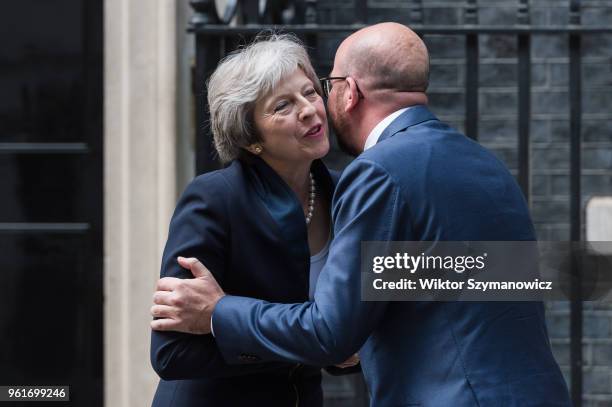 British Prime Minister Theresa May meets with Prime Minister of Belgium Charles Michel for bilateral talks at 10 Downing Street in central London....