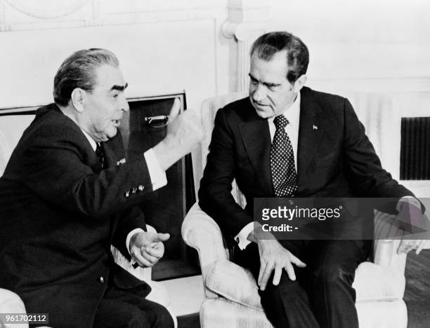 General Secretary of the Communist Party of the Soviet Union Leonid Brezhnev talks with US president Richard Nixon at the White House, on June 18,...