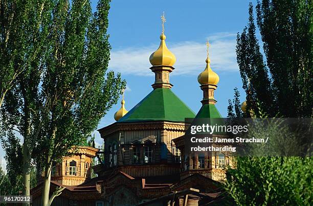 wooden russian orthodox church, kara-kol, kyrgyzstan, central asia, asia - kol stock pictures, royalty-free photos & images