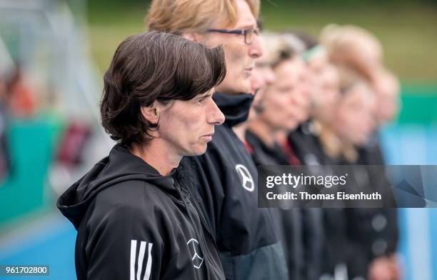 Coach Bettina Wiegmann of Germany reacts during the national anthem prior the Under 15 girl's international friendly match between Germany and the...