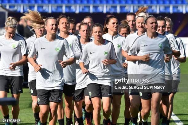 Wolfsburg's players take part in the training session at the Valeriy Lobanovsky Stadium in Kiev on May 23 on the eve of the UEFA Women's Champions...