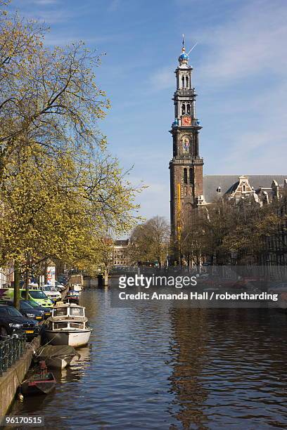 westerkerk church and the prinsengracht canal, amsterdam, netherlands, europe - amanda church stock pictures, royalty-free photos & images