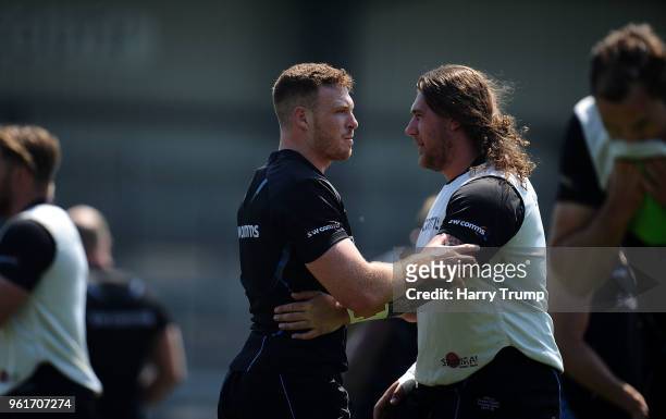 Sam Simmonds and Harry WIlliams of Exeter Chiefs warm up during an Exeter Chiefs Media Session at Sandy Park on May 23, 2018 in Exeter, England.