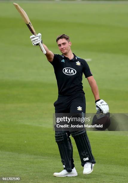 Will Jacks of Surrey celebrates his century during the Royal London One-Day Cup match between Surrey and Gloucestershire at The Kia Oval on May 23,...
